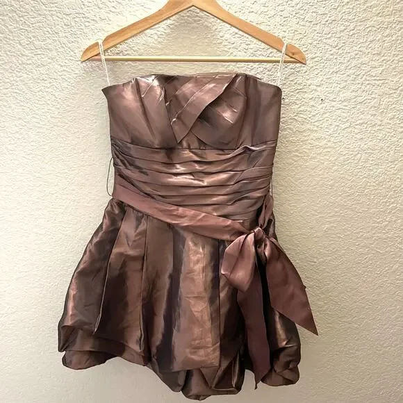 Jessica McClintock Gunne Sax Strapless Satin Bubble Hem Dress Y2K Brown Party XS - Picture 3 of 8
